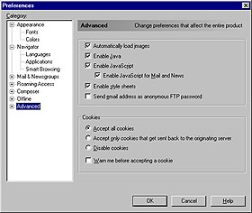 Netscape Advanced preferences menu
