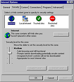 Internet Explorer Internet options menu